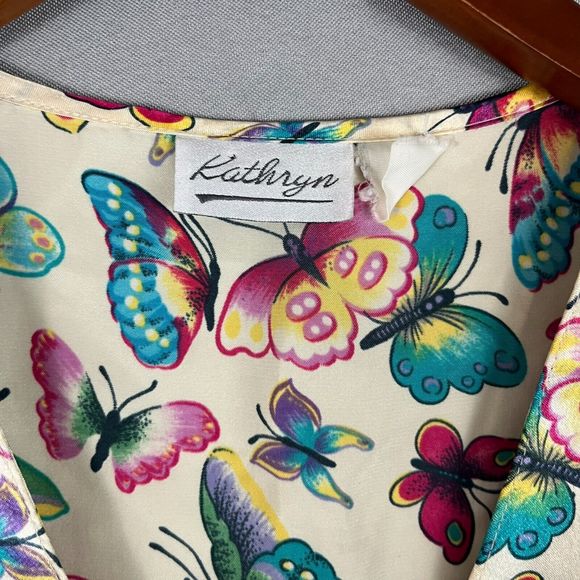 Vintage Kathryn Dress Womens Ivory Butterfly Satin Midi Front Button Slip Jumper - Picture 2 of 6